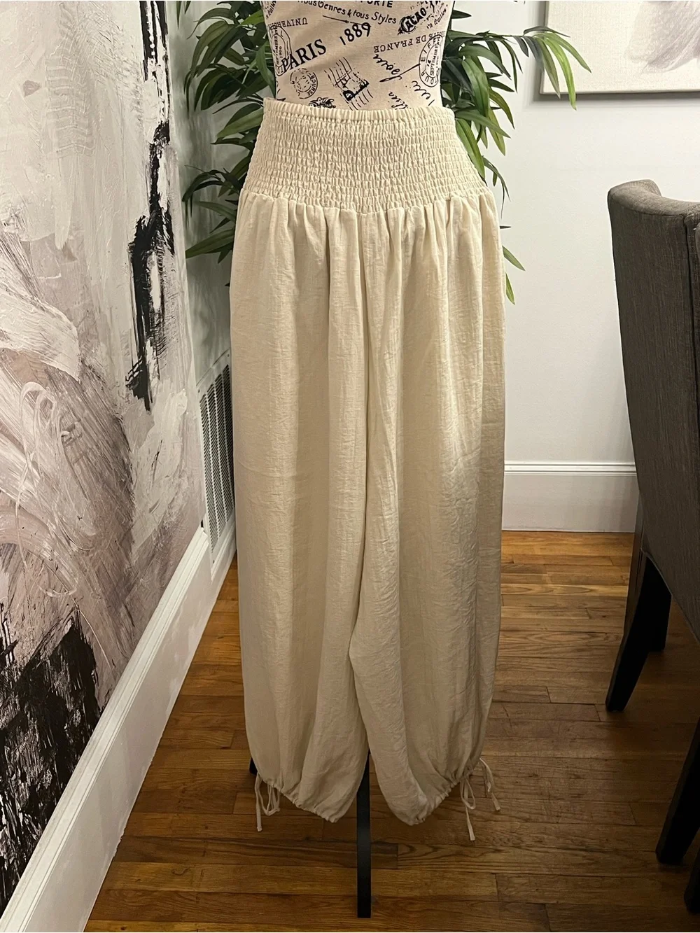 Zara Cream Smocked Waist Wide-Leg Joggers